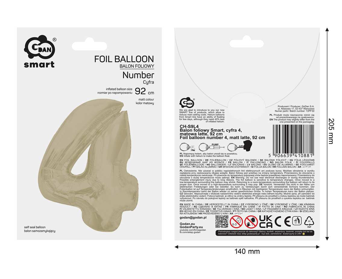 Foil balloon number 4, matt latte, 92 cm EOL